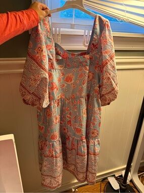 Girls' Floral Puff-Sleeve Dress in Light Blue and Coral